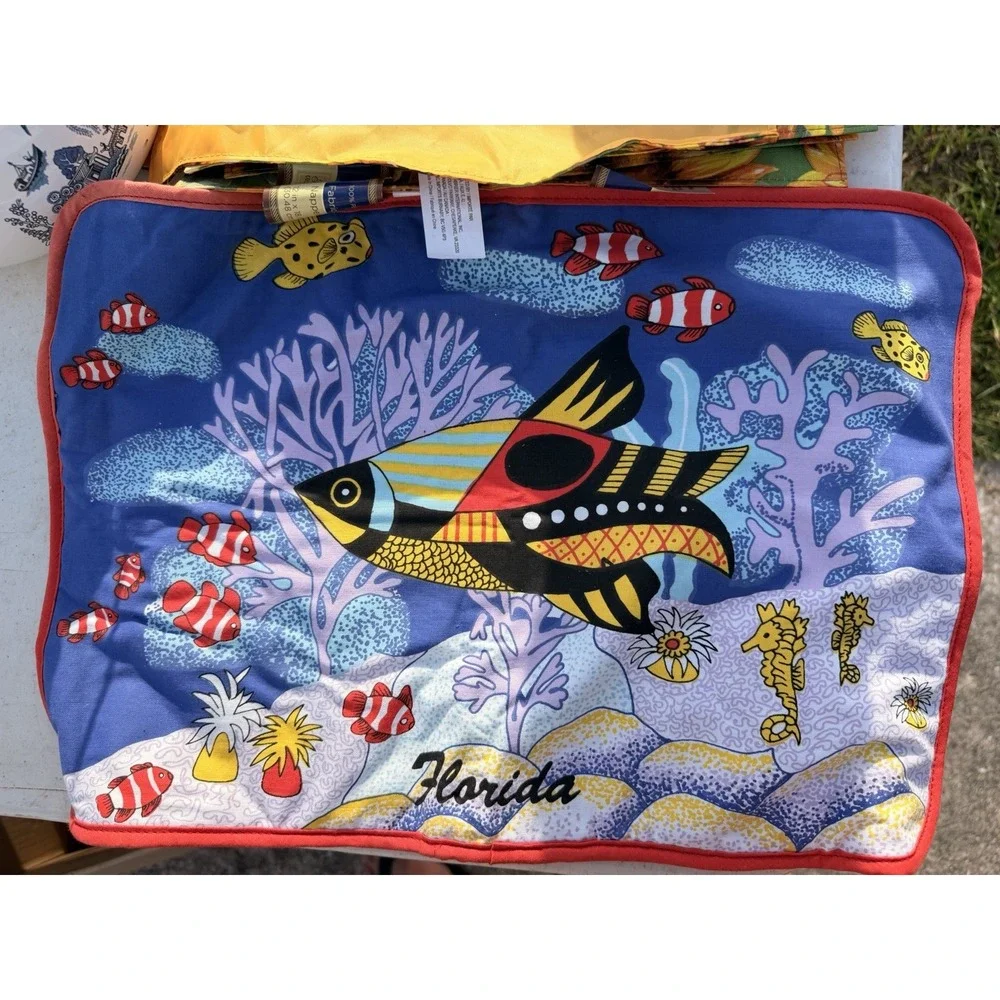Vintage Florida Placemat, Tropical Fish, Clown, Fish, Coral Reef Padded Cloth